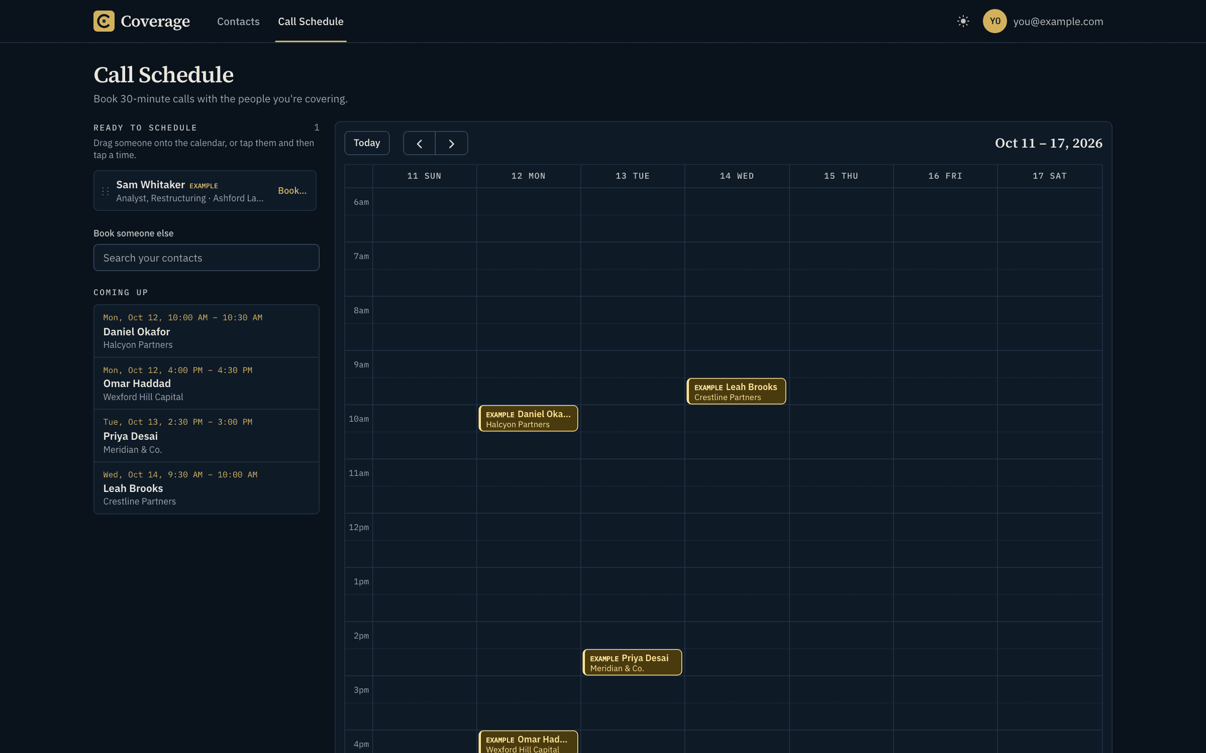 The weekly call calendar in dark mode