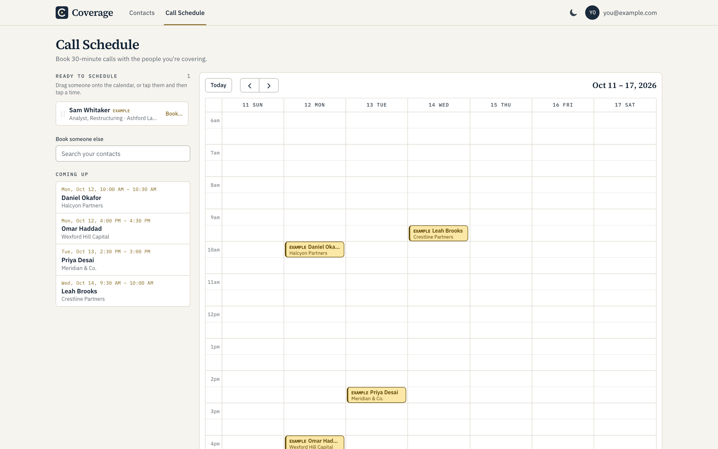The weekly call calendar with booked calls and a Ready to schedule panel